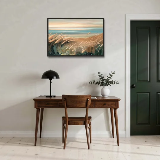 Seaside Dunes And Grass - Black Framed Canvas Wall Art - Office - 36x24