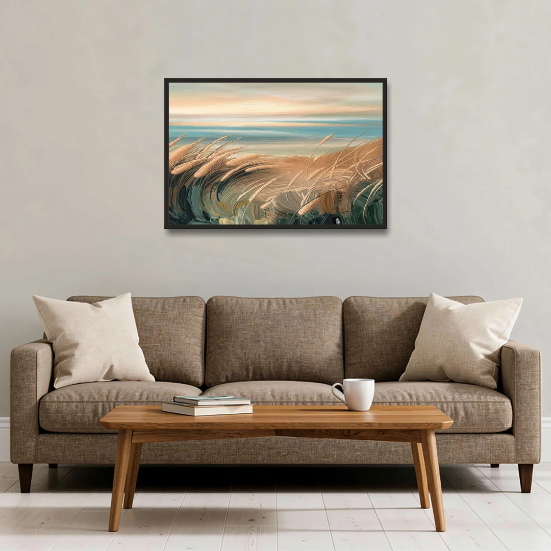 Seaside Dunes And Grass - Black Framed Canvas Wall Art - Sofa - 36x24