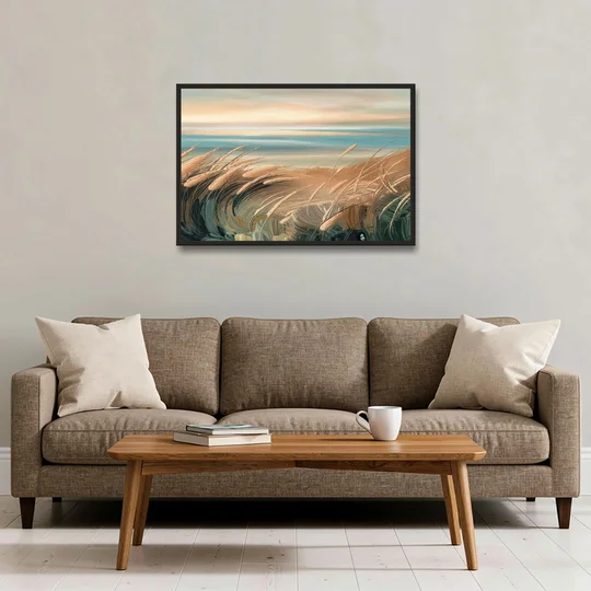 Seaside Dunes And Grass - Black Framed Canvas Wall Art - Sofa - 36x24