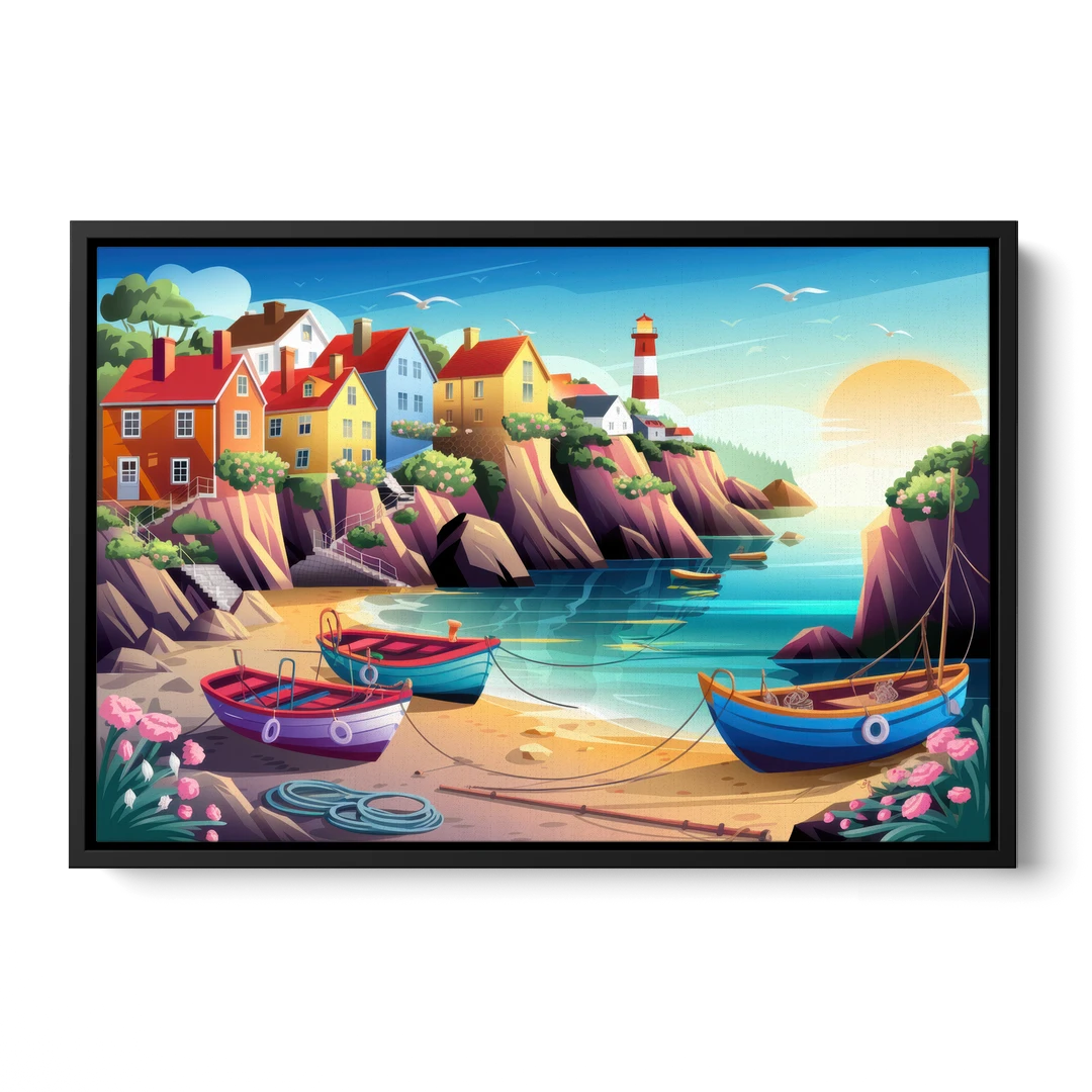 Seaside Fishing Village - Black Framed Canvas Wall Art - Front