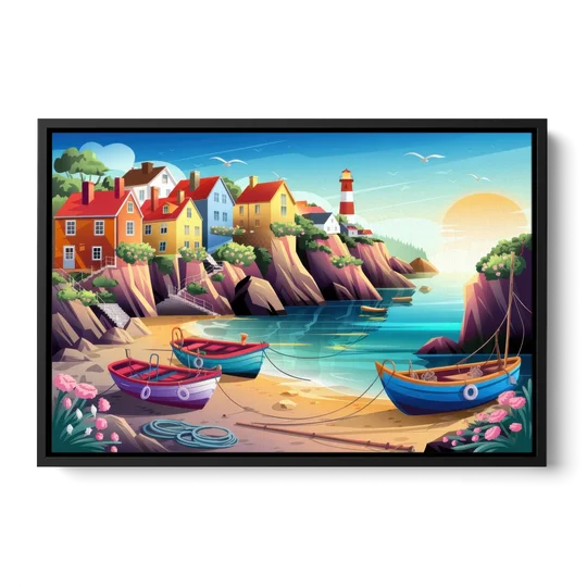 Seaside Fishing Village - Black Framed Canvas Wall Art - Front