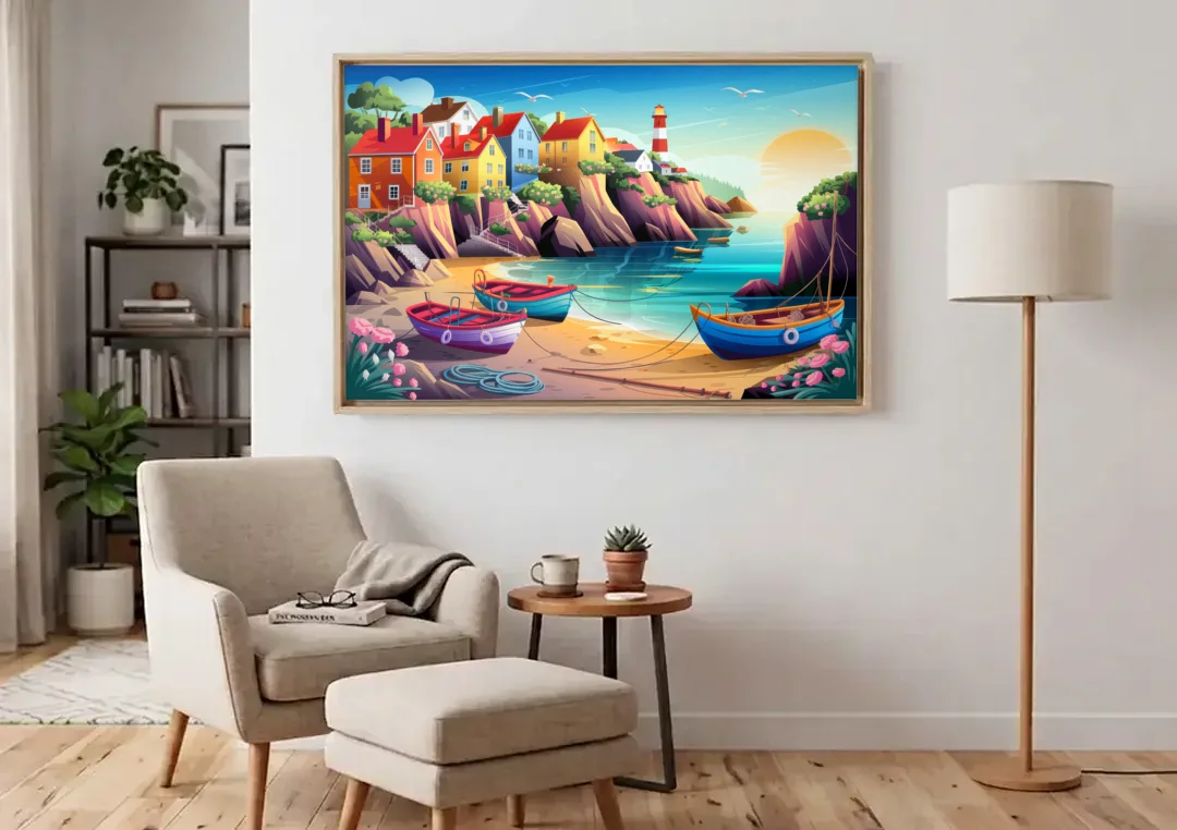 Seaside Fishing Village canvas wall art above an armchair in a bright living room