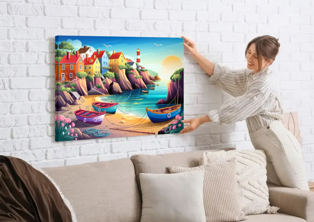 Seaside Fishing Village canvas wall art being hung on a white brick wall above a sofa