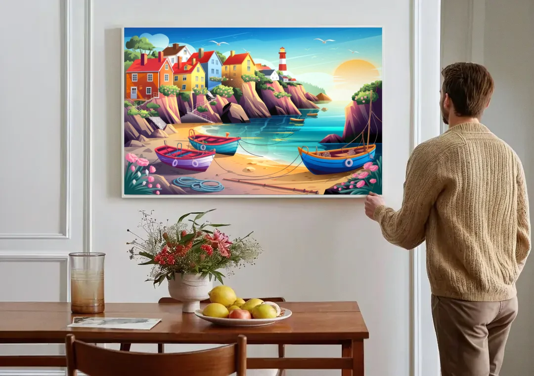 Seaside Fishing Village canvas wall art above a dining table
