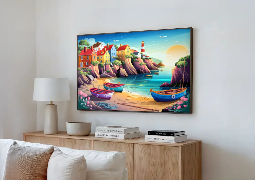 Seaside Fishing Village canvas wall art above a wooden sideboard next to a sofa