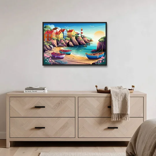 Seaside Fishing Village - Black Framed Canvas Wall Art - Coffee Table - 36x24