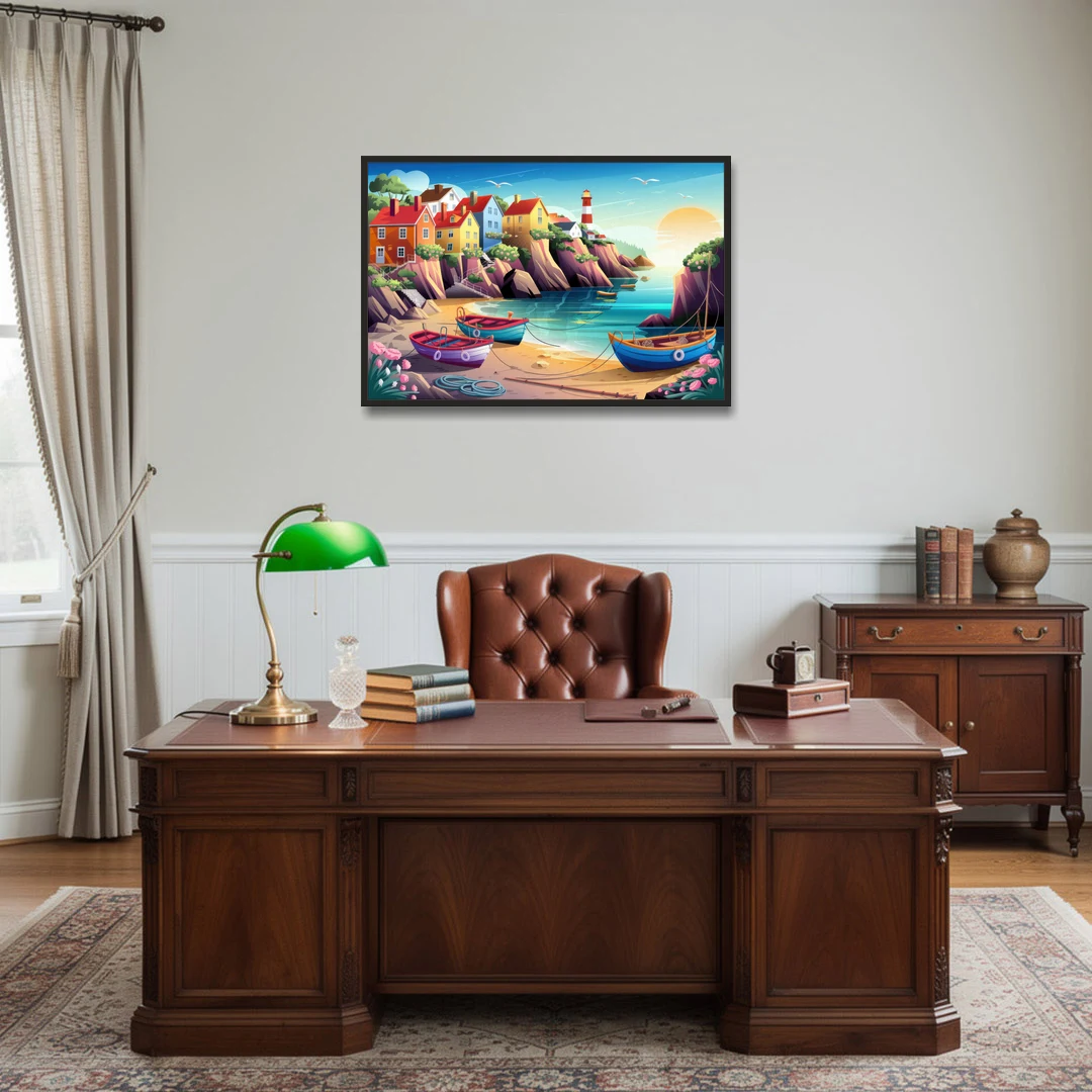 Seaside Fishing Village - Black Framed Canvas Wall Art - Office - 36x24