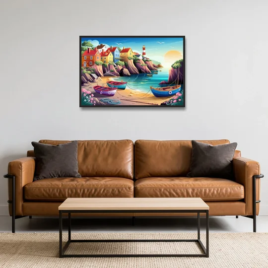 Seaside Fishing Village - Black Framed Canvas Wall Art - Sofa - 36x24