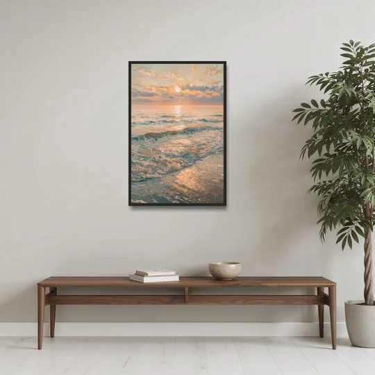Seaside Golden Hour - Black Framed Canvas Wall Art - Coffee Table - 24x36
