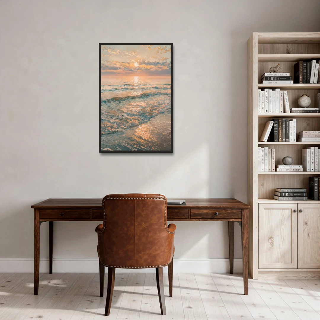 Seaside Golden Hour - Black Framed Canvas Wall Art - Office - 24x36
