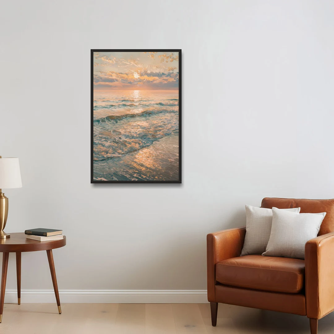 Seaside Golden Hour - Black Framed Canvas Wall Art - Sofa - 24x36