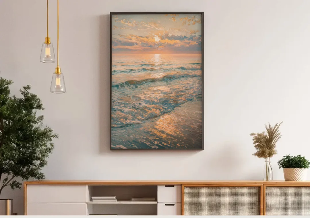 Seaside Golden Hour canvas wall art above a wooden sideboard under pendant lights