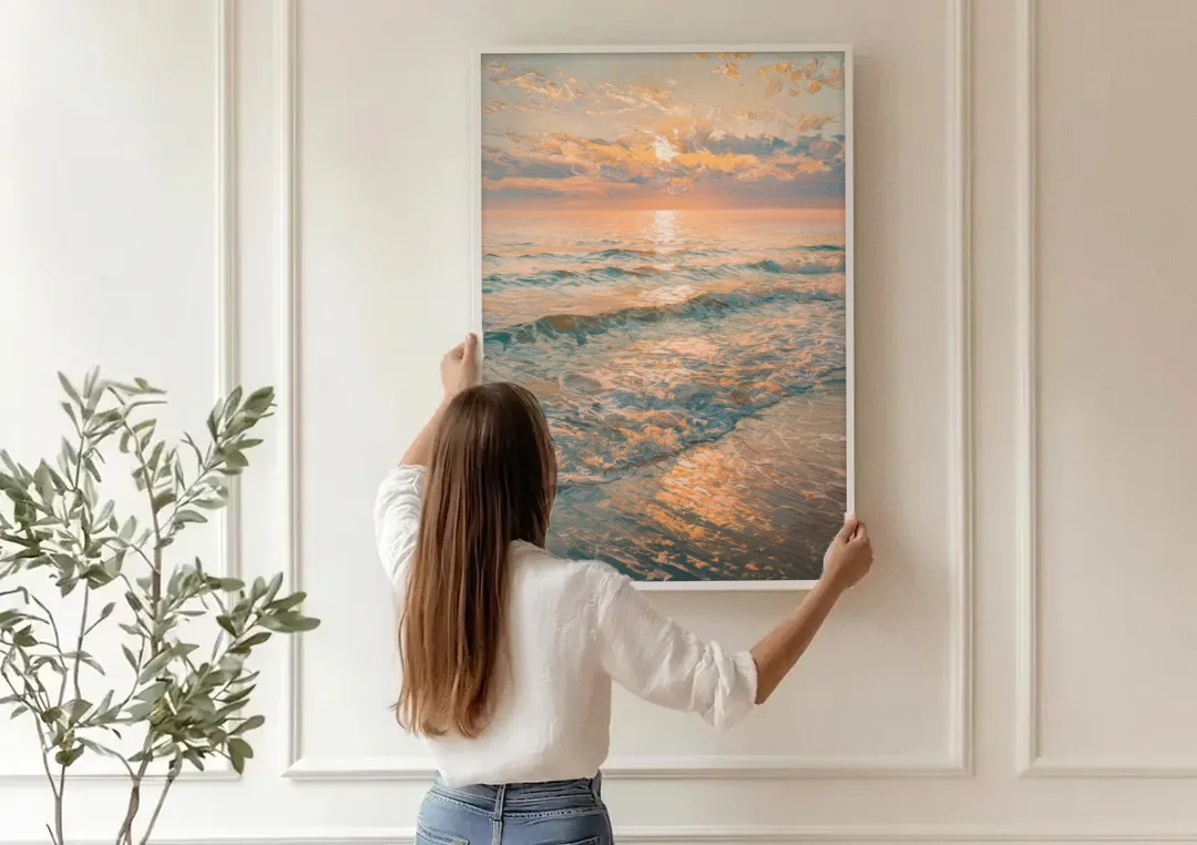 Seaside Golden Hour canvas wall art being hung on a paneled wall