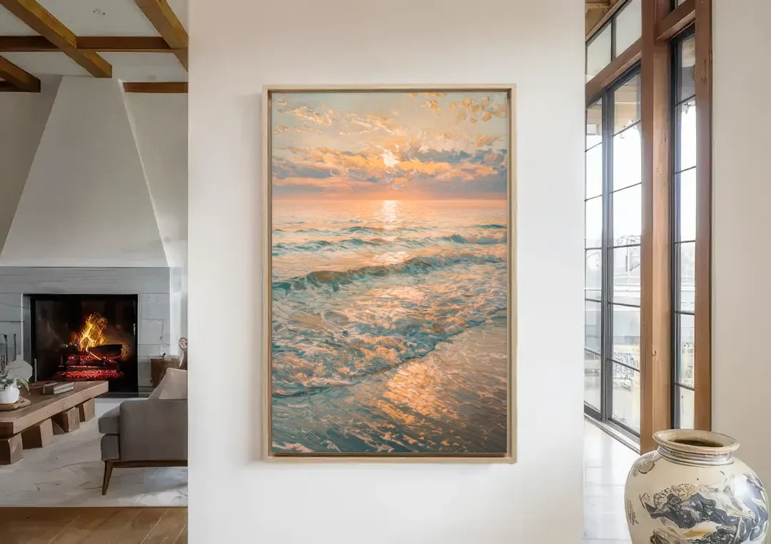 Seaside Golden Hour canvas wall art in a living room with a fireplace