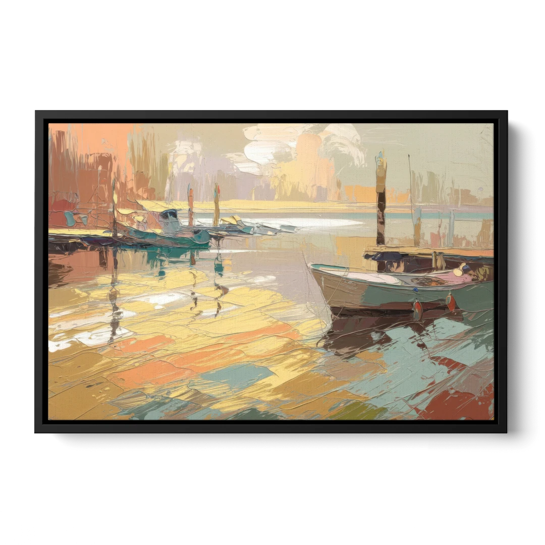 Seaside Harbor Reflections - Black Framed Canvas Wall Art - Front