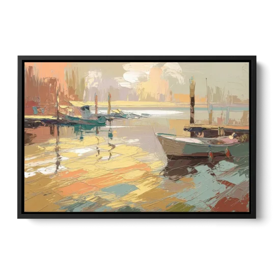 Seaside Harbor Reflections - Black Framed Canvas Wall Art - Front