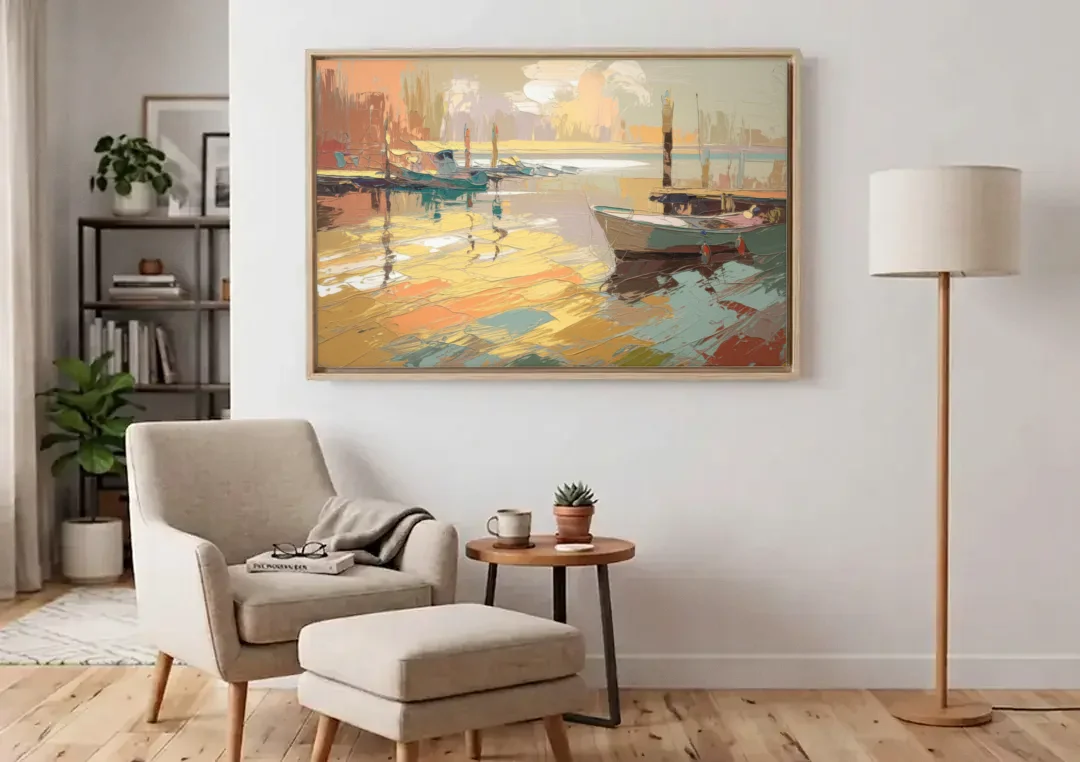 Seaside Harbor Reflections canvas wall art above an armchair in a bright living room