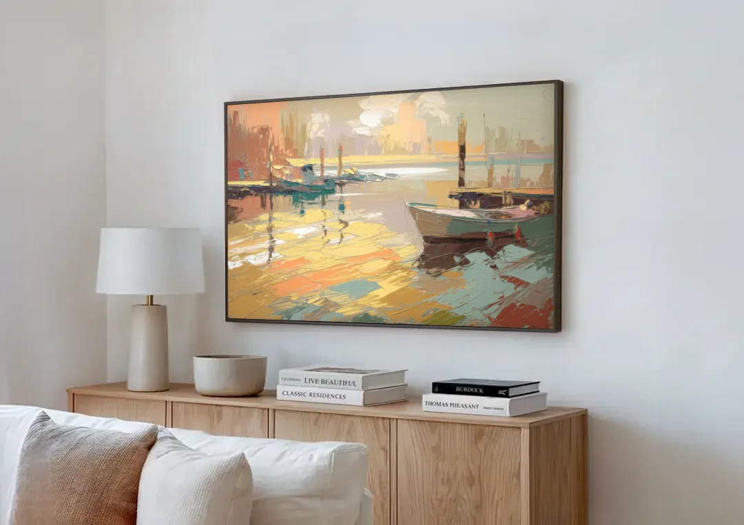 Seaside Harbor Reflections canvas wall art above a wooden sideboard next to a sofa