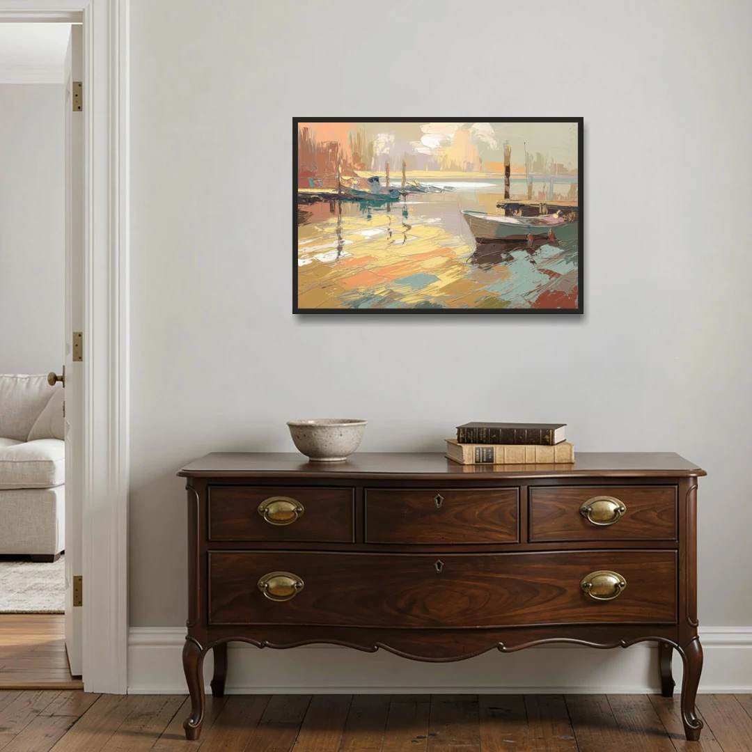 Seaside Harbor Reflections - Black Framed Canvas Wall Art - Coffee Table - 36x24