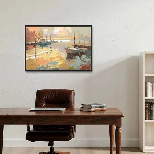 Seaside Harbor Reflections - Black Framed Canvas Wall Art - Office - 36x24