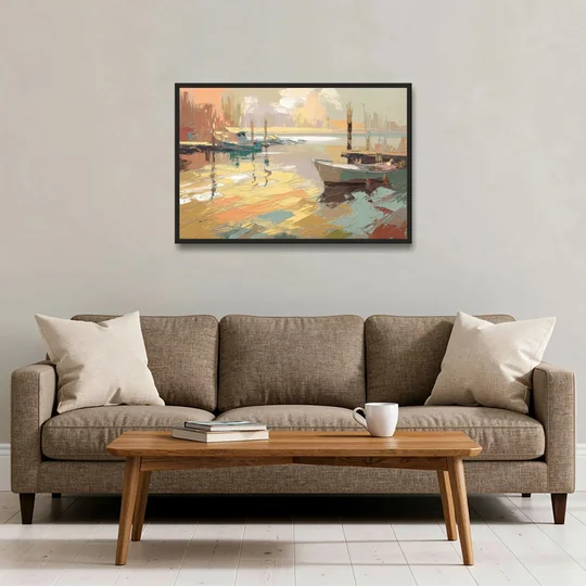 Seaside Harbor Reflections - Black Framed Canvas Wall Art - Sofa - 36x24