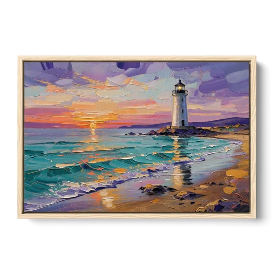 Seaside Lighthouse View - Oak Framed Canvas Wall Art - Front