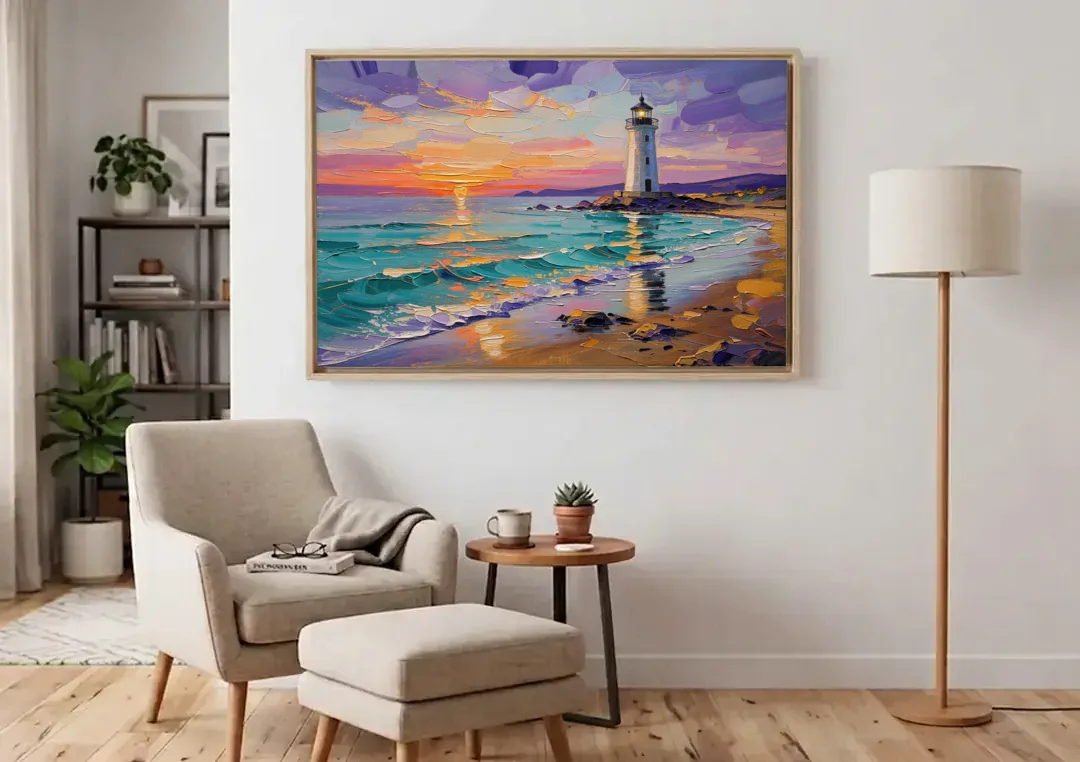 Seaside Lighthouse View canvas wall art above an armchair in a bright living room