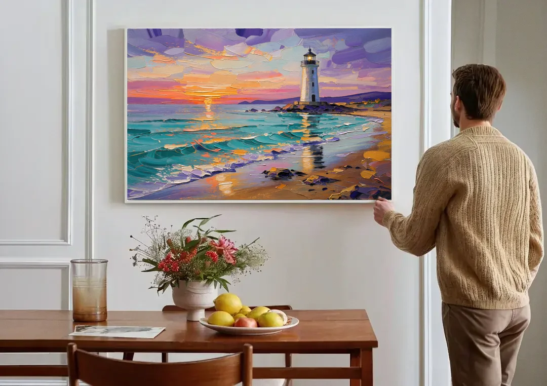 Seaside Lighthouse View canvas wall art above a dining table