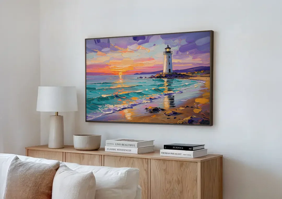 Seaside Lighthouse View canvas wall art above a wooden sideboard next to a sofa