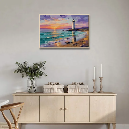 Seaside Lighthouse View - Oak Framed Canvas Wall Art - Coffee Table - 36x24