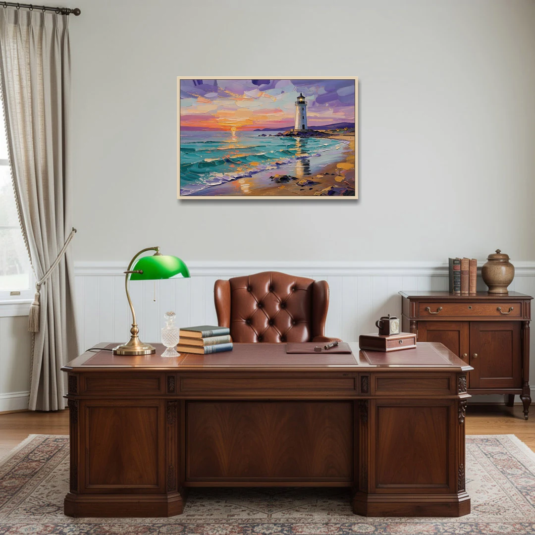 Seaside Lighthouse View - Oak Framed Canvas Wall Art - Office - 36x24