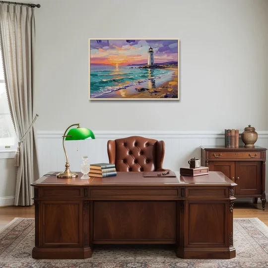 Seaside Lighthouse View - Oak Framed Canvas Wall Art - Office - 36x24