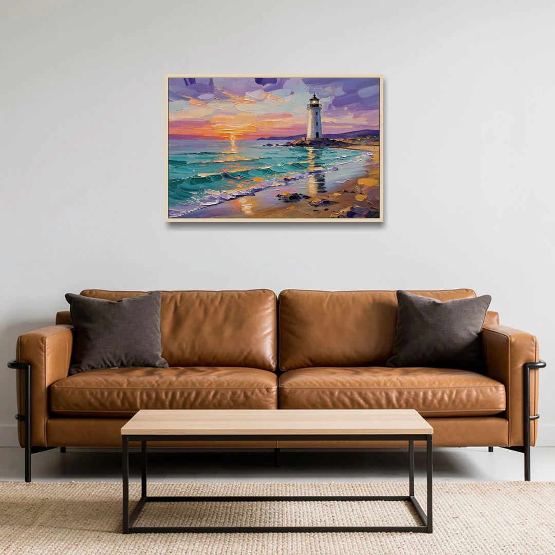 Seaside Lighthouse View - Oak Framed Canvas Wall Art - Sofa - 36x24
