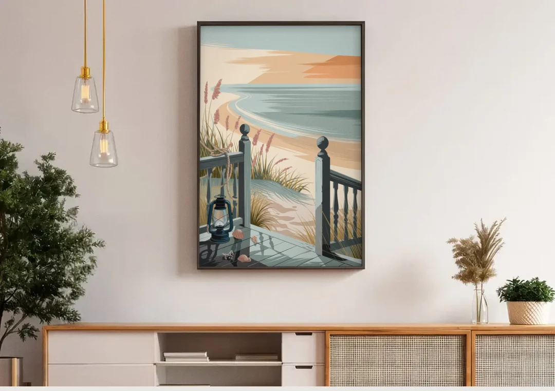 Seaside Nautical Charm canvas wall art above a wooden sideboard under pendant lights