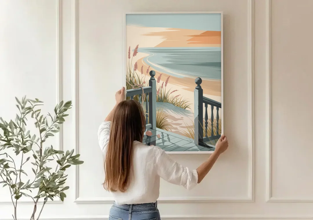 Seaside Nautical Charm canvas wall art being hung on a paneled wall
