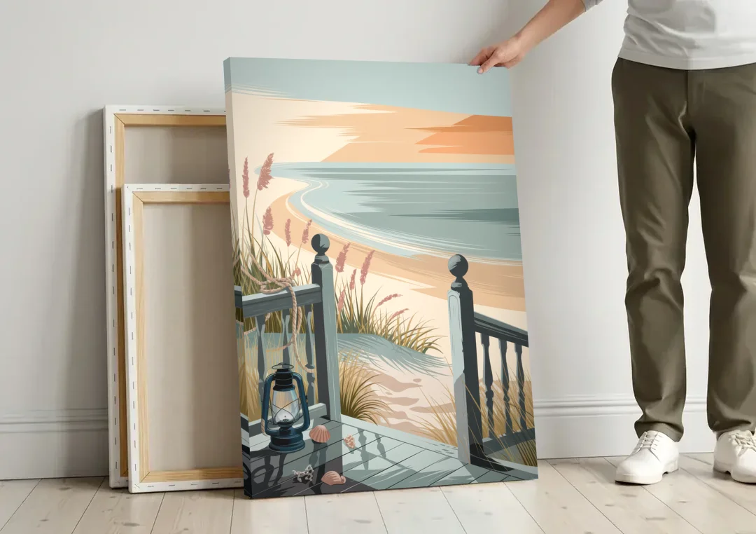 Seaside Nautical Charm canvas wall art leaning against a wall next to blank canvases