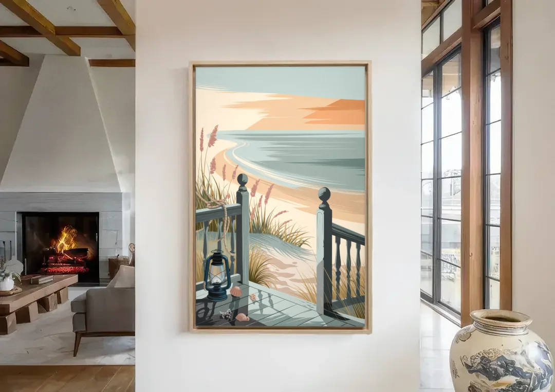 Seaside Nautical Charm canvas wall art in a living room with a fireplace