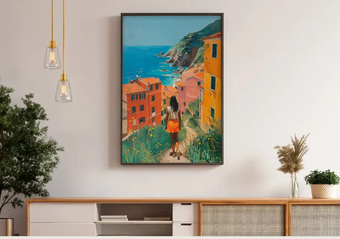 Seaside Painting of a Summer Walk canvas wall art above a wooden sideboard under pendant lights