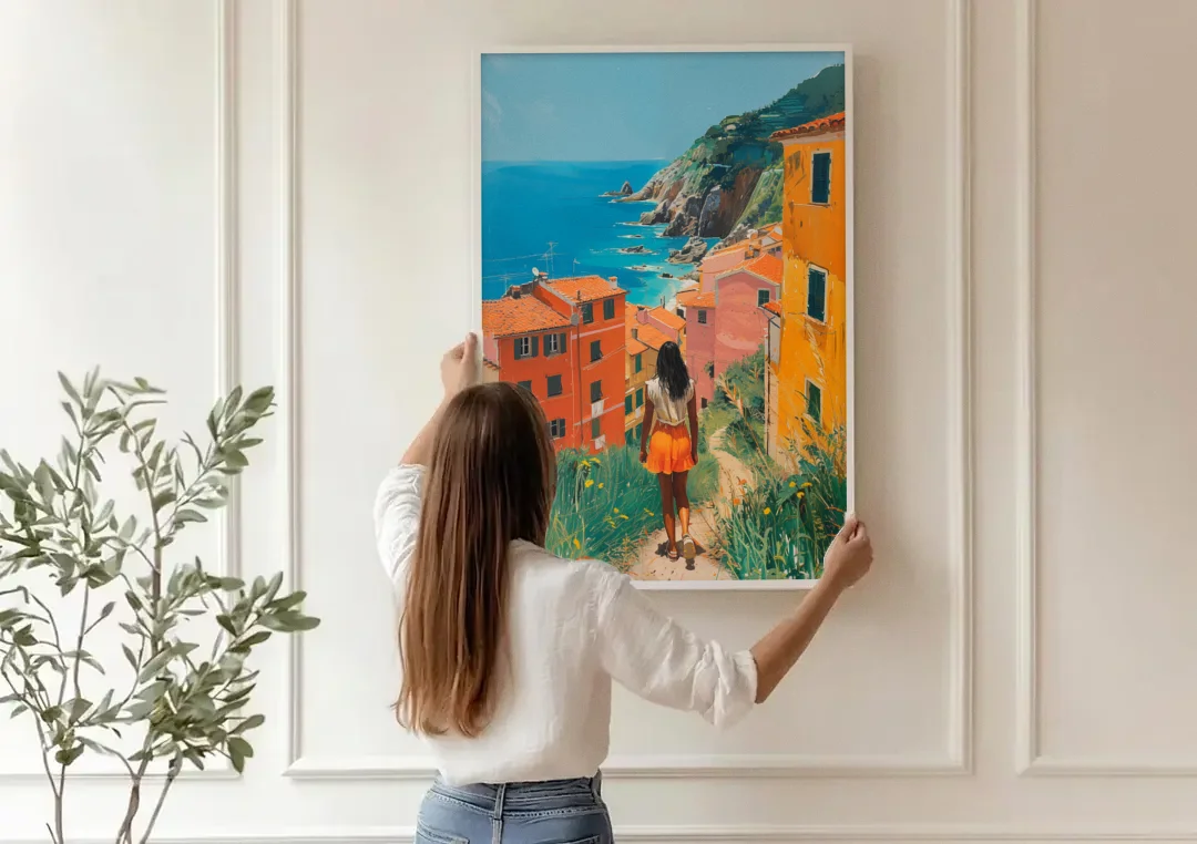 Seaside Painting of a Summer Walk canvas wall art being hung on a paneled wall