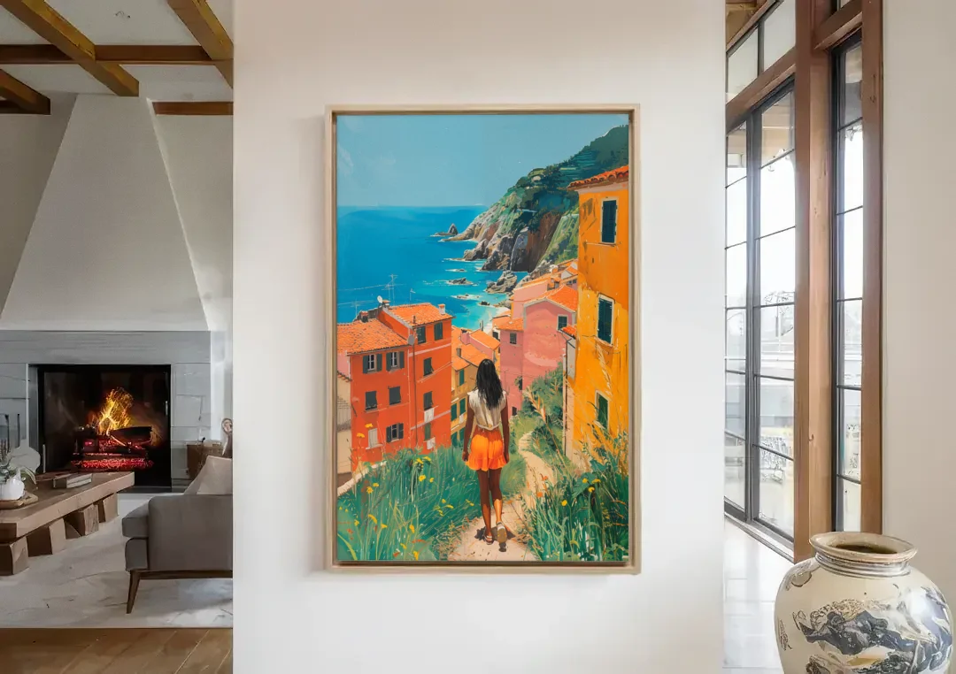 Seaside Painting of a Summer Walk canvas wall art in a living room with a fireplace