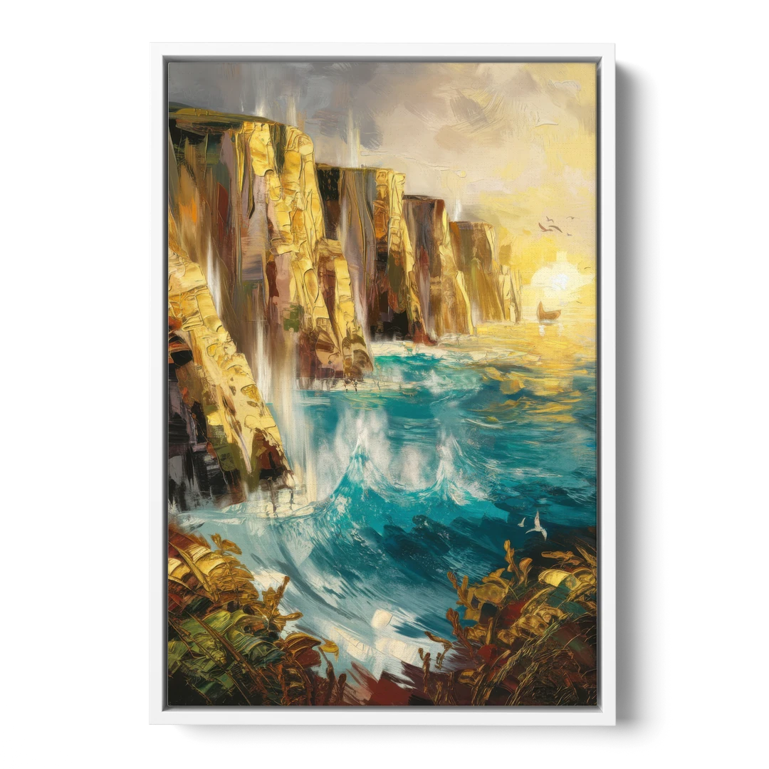 Seaside Rocky Cliffs - White Framed Canvas Wall Art - Front