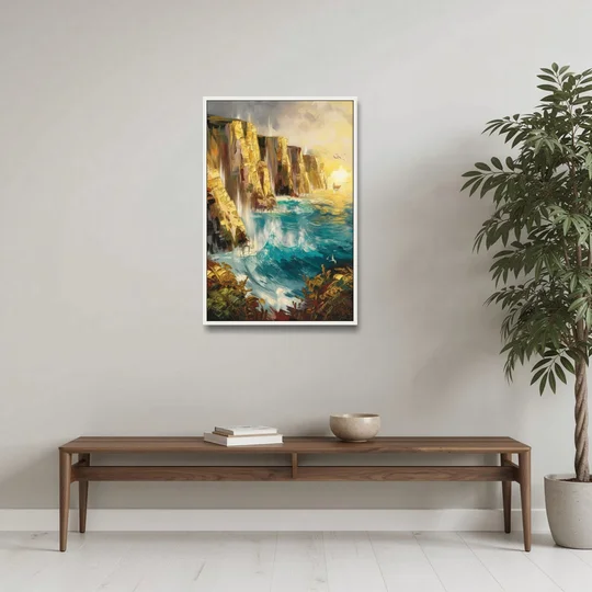 Seaside Rocky Cliffs - White Framed Canvas Wall Art - Coffee Table - 24x36