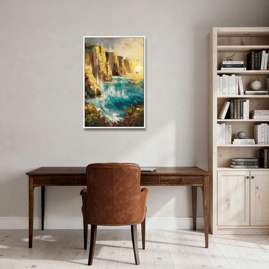 Seaside Rocky Cliffs - White Framed Canvas Wall Art - Office - 24x36