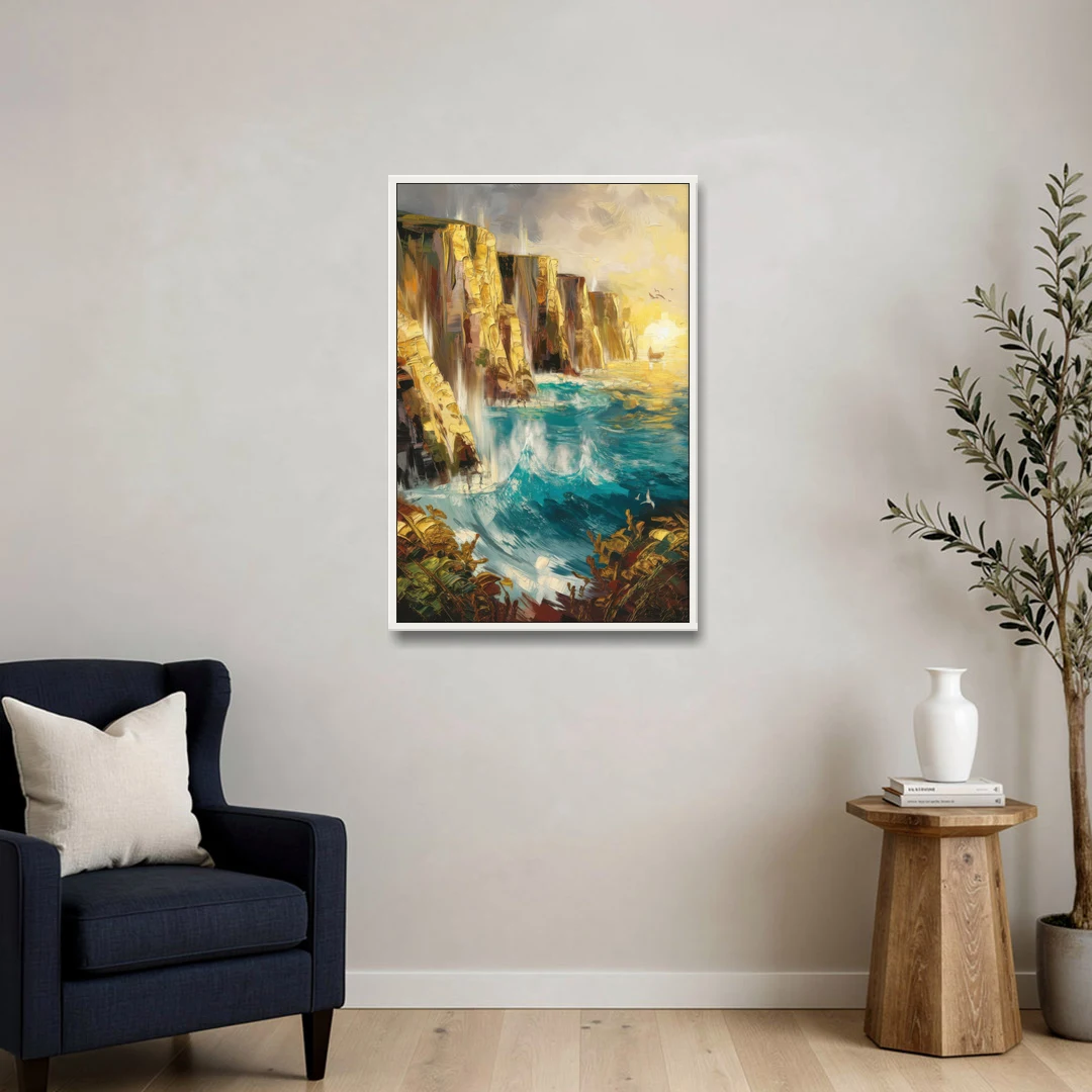 Seaside Rocky Cliffs - White Framed Canvas Wall Art - Sofa - 24x36
