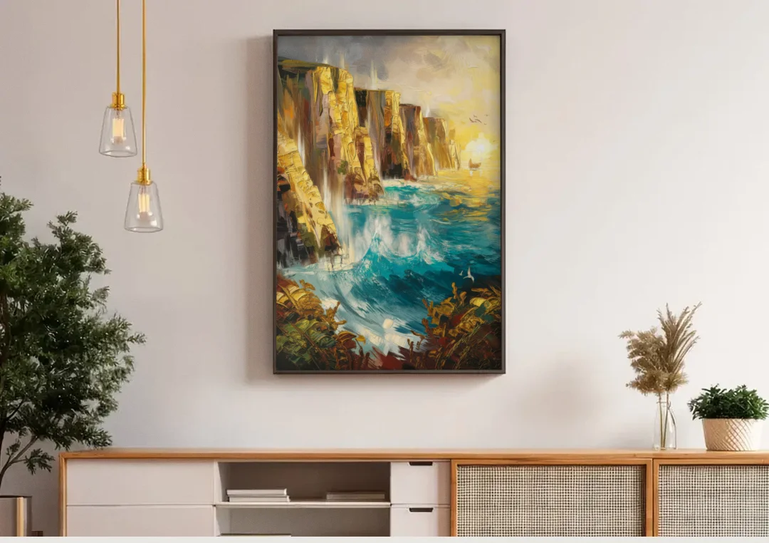 Seaside Rocky Cliffs canvas wall art above a wooden sideboard under pendant lights