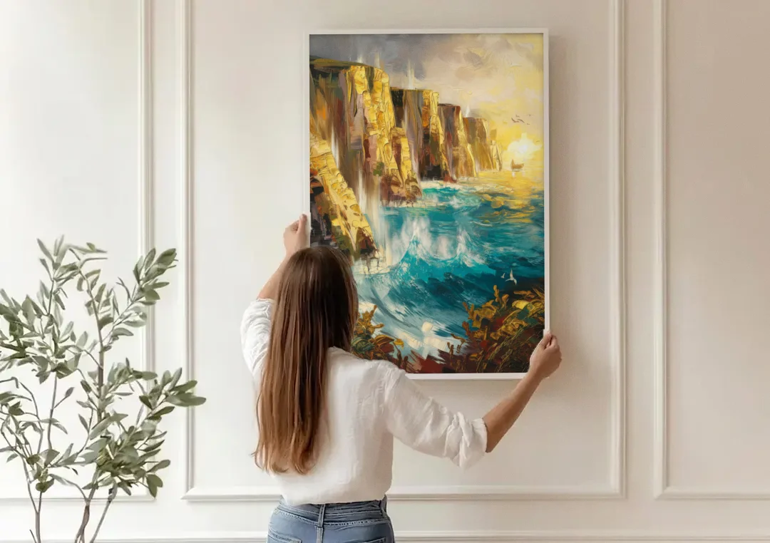 Seaside Rocky Cliffs canvas wall art being hung on a paneled wall