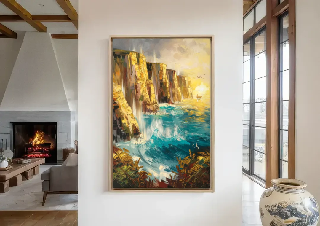 Seaside Rocky Cliffs canvas wall art in a living room with a fireplace