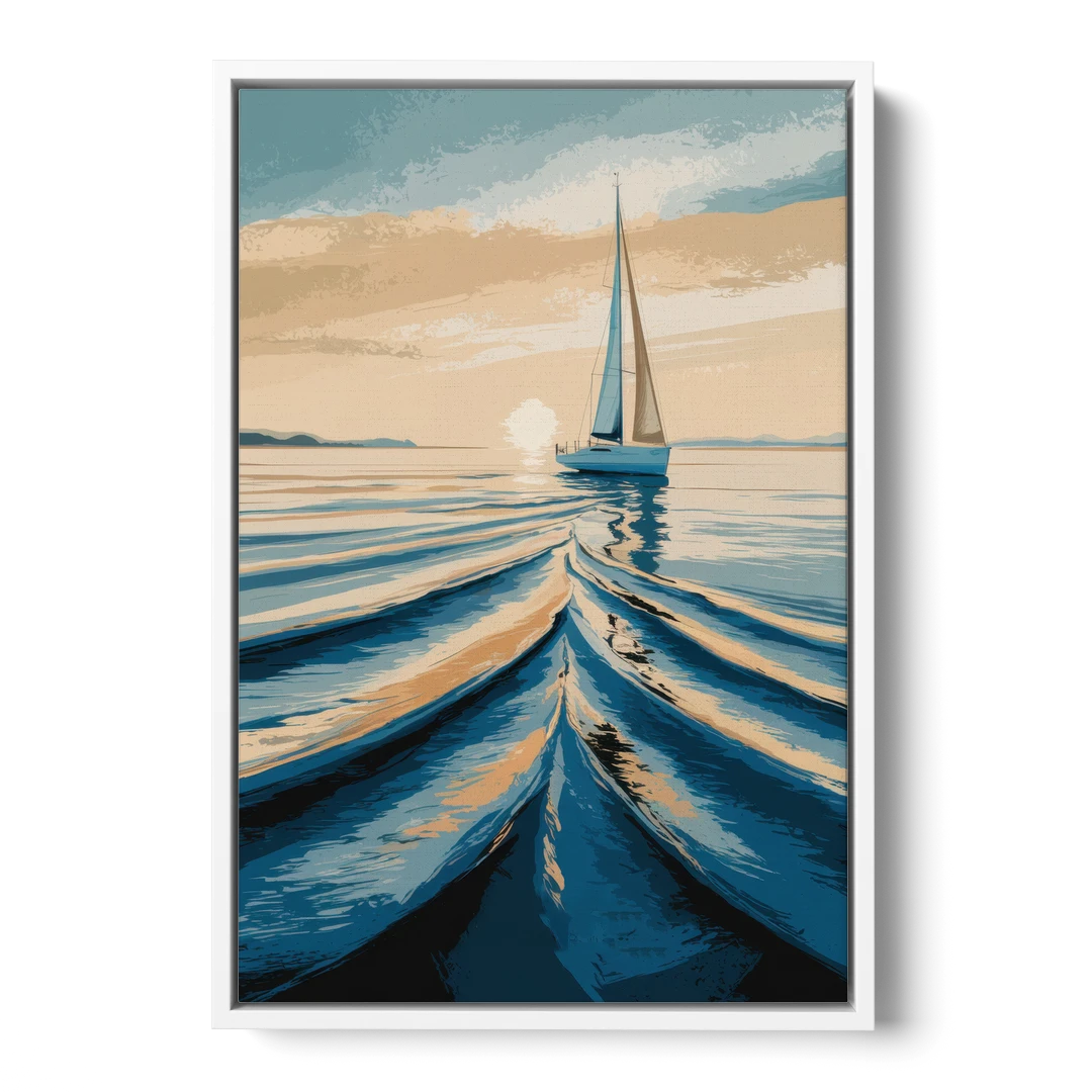 Seaside Sailboat Horizon - White Framed Canvas Wall Art - Front