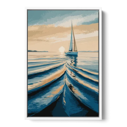 Seaside Sailboat Horizon - White Framed Canvas Wall Art - Front