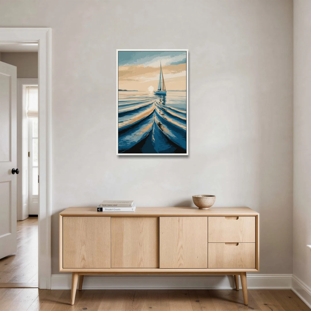 Seaside Sailboat Horizon - White Framed Canvas Wall Art - Coffee Table - 24x36